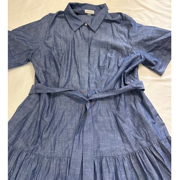 NWOT Calvin Klein Womens 18W Plus Size Blue Belted Tiered Shirt Dress Cotton - Picture 5 of 10